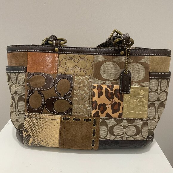 Coach Signature Brown Patchwork Tote Shoulder Bag no.11495 Snakeskin Leopard - Picture 1 of 7